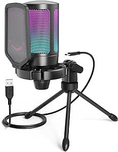 FIFINE Gaming USB Microphone for PC PS5, Condenser Mic with Quick Mute, RGB Indicator, Tripod Stand, Pop Filter, Shock Mount, Gain Control for Streaming Discord Twitch Podcasts Videos- AmpliGame